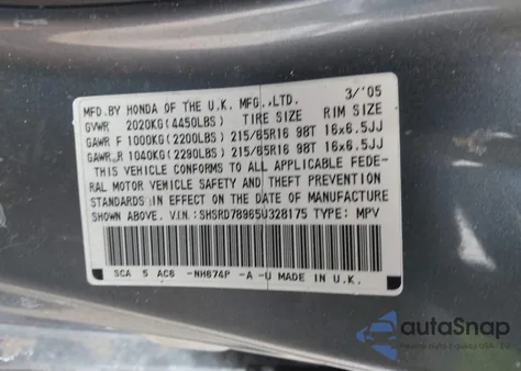 2005 Honda Cr-V Se from USA, damaged, VIN SHSRD78965U328175